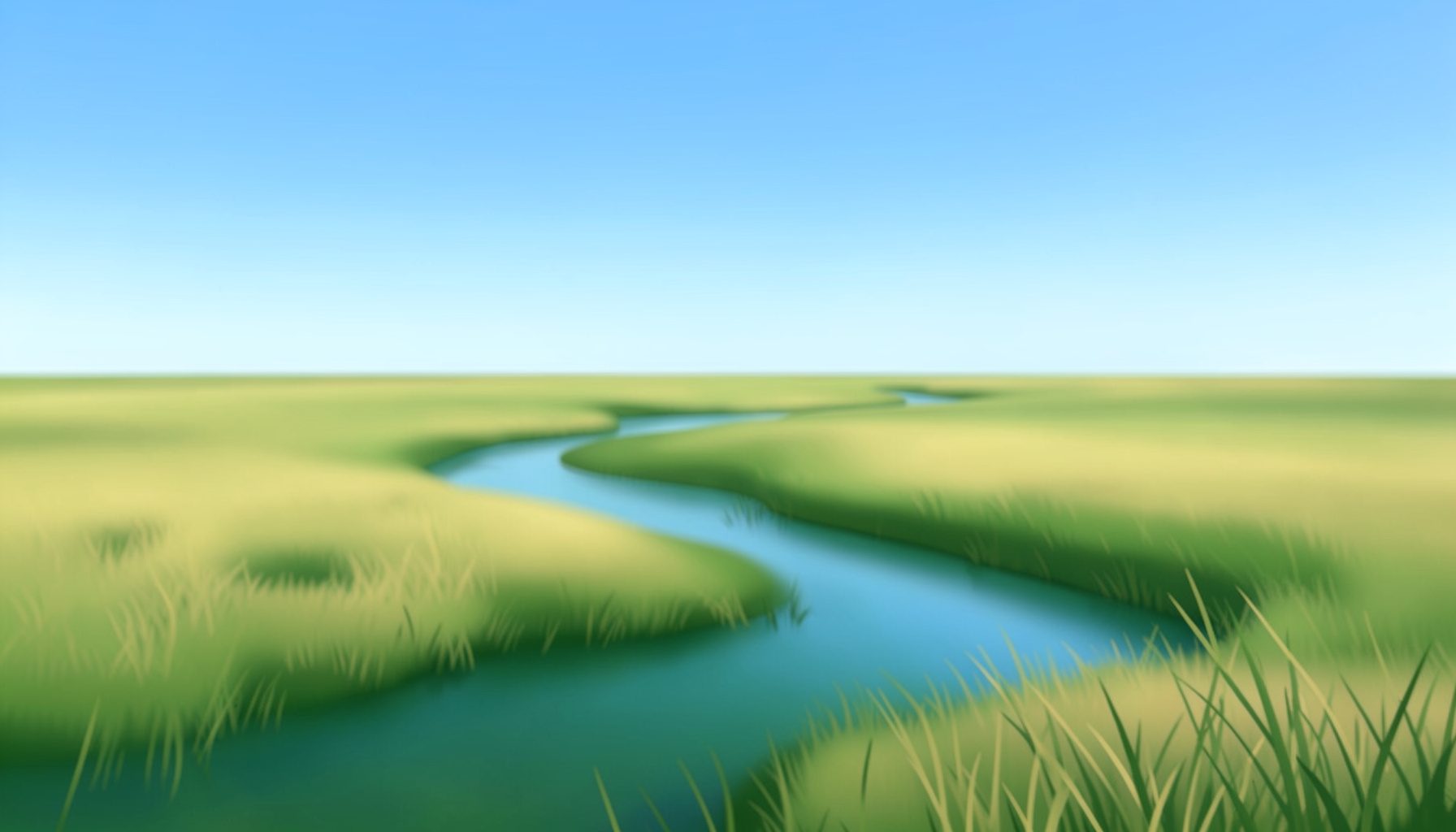 Serene marsh landscape under a soft blue sky, with winding tidal creeks and golden-green grasses, calm and inviting